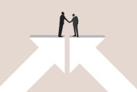 An illustration shows two businessmen shaking hands. Each stands on an arrow pointing upward, meeting in the middle.