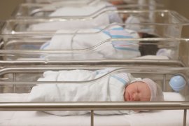 Newborn babies sleep in their cradles in a hospital nursery.