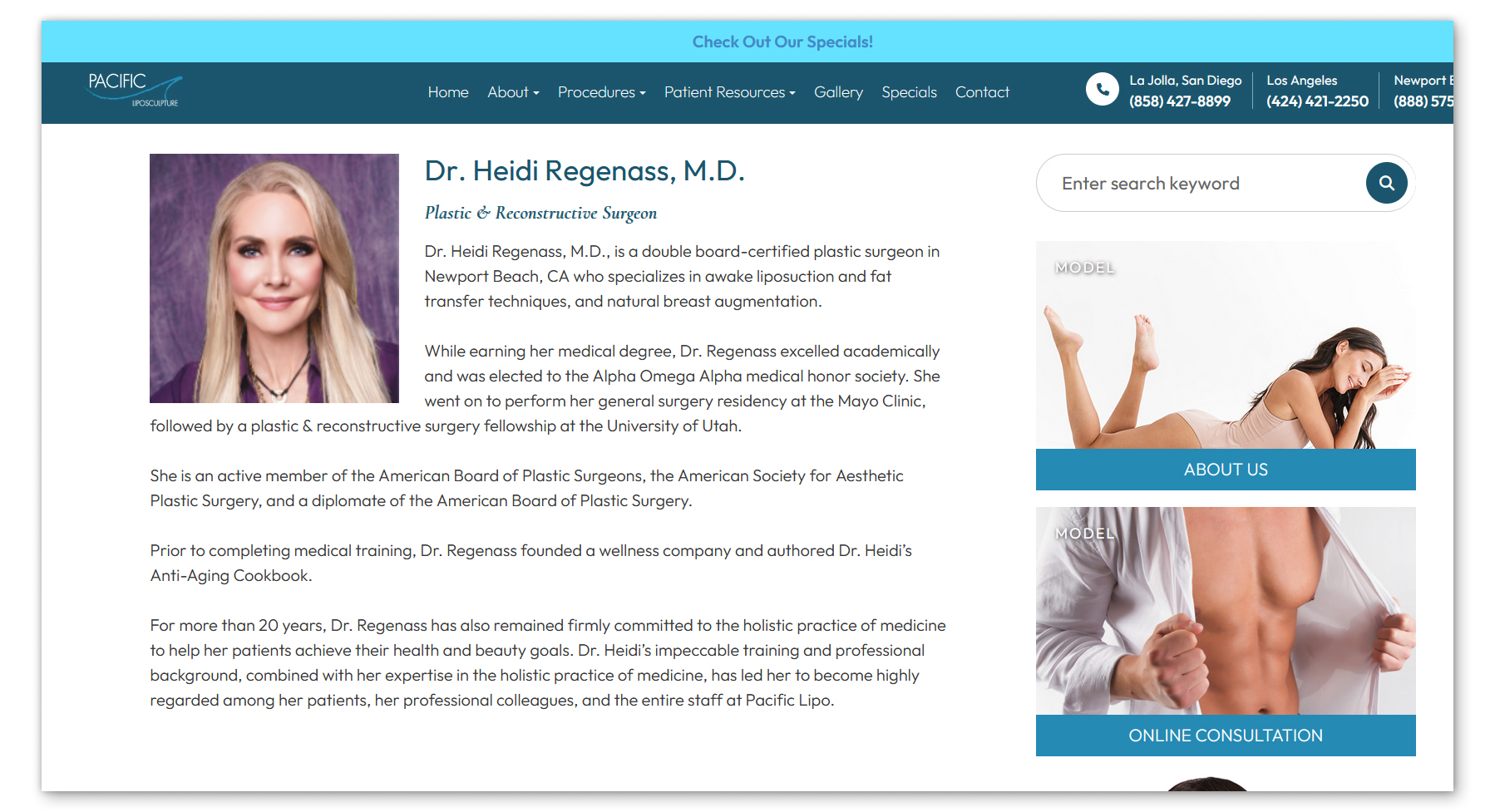 A screenshot shows Heidi Regenass' biography on the Pacific Liposculpture website.