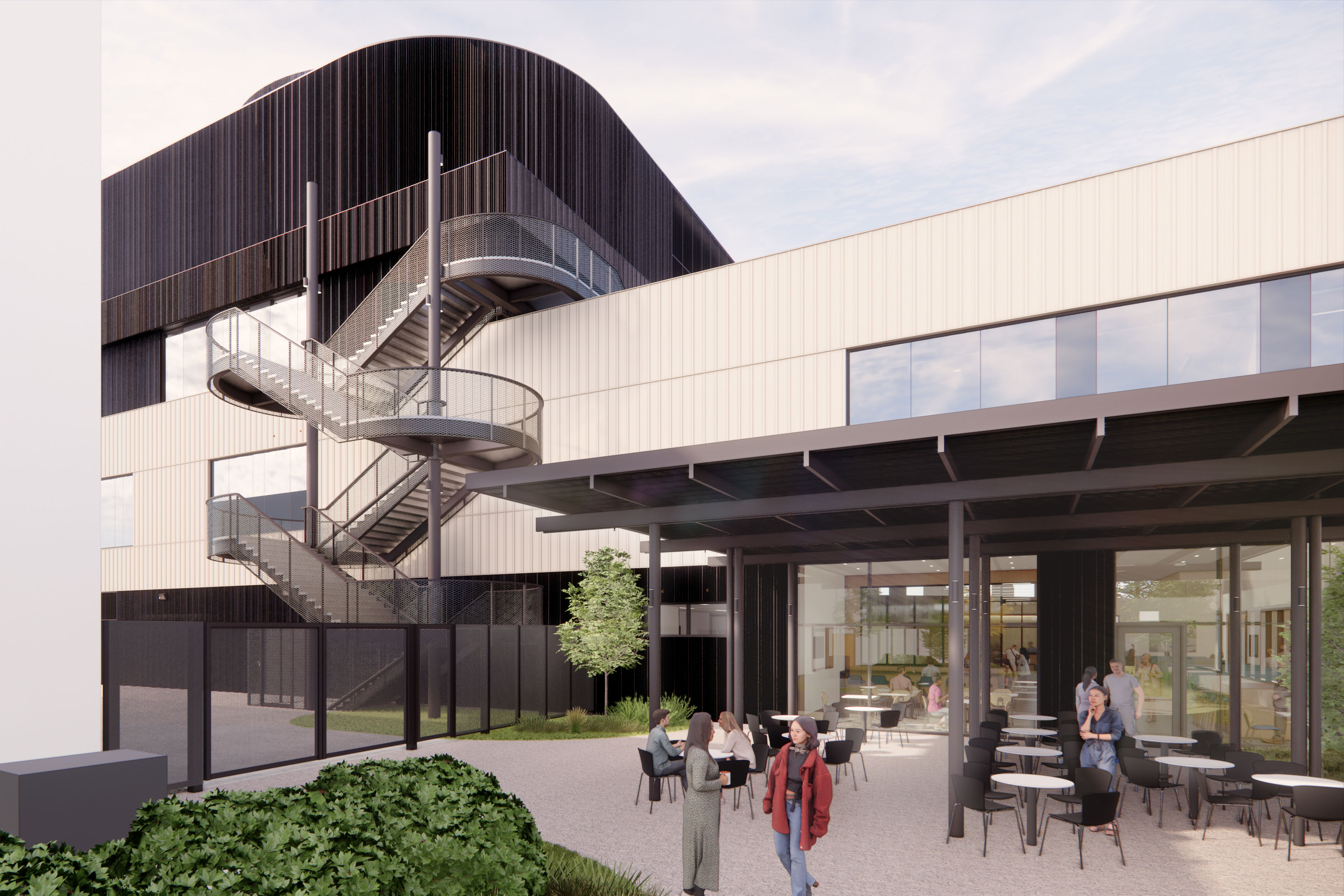 A rendering of a building with an outdoor staircase. On the ground floor, a roof extends from the building over outdoor chairs and tables.