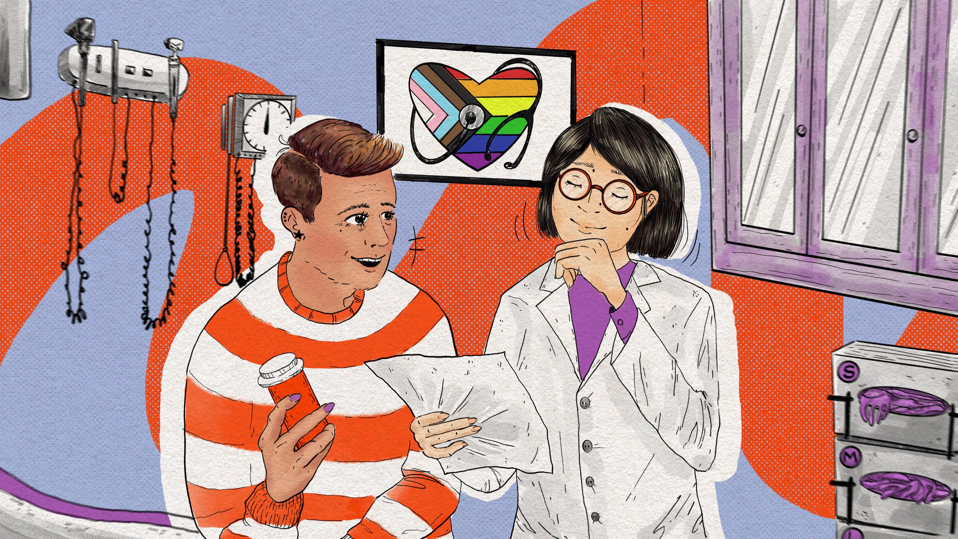 An illustration of a doctor listening to a patient about a medication. There is a LGBT+ pride picture in the background.