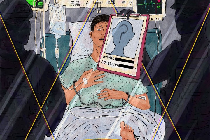 A hand-drawn illustration of a scene seen through a window of man handcuffed to a hospital bed flanked by ICE agents. The agent on the right passes a clipboard to the agent on the left; the clipboard shows an anonymous profile picture with the person's name and location redacted. In front of the window, in the foreground, the man's wife frantically tries to reach him on her cell phone.