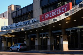 An exterior shot of the Hennepin County Medical Center emergency room entrance.