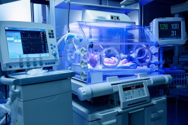 A baby lies in an incubator in a neonatal intensive care unit.