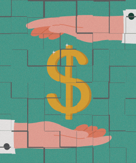 A vector illustration of a "$" symbol between two hands.