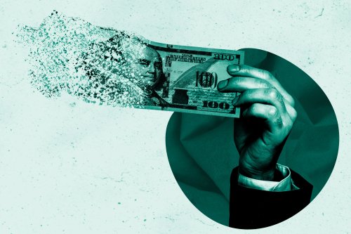 A photo illustration of a hand holding up a $100 bill that is disappearing into thin air.