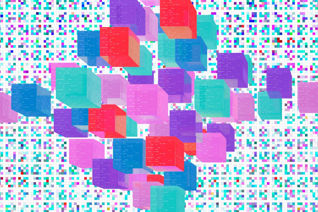 An illustration of various multi-color squares with dots and lines.