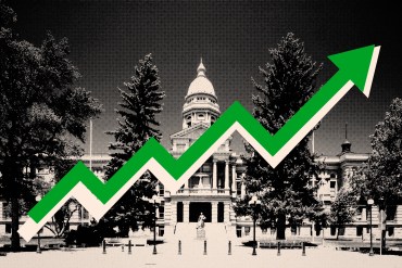 A photo illustration of the Wyoming State Capitol in black and white, with a green arrow pointing up across it.