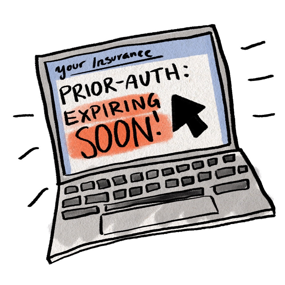 A cartoon drawing of a computer. The screens hows a webpage that says, "Your Insurance / PRIOR-AUTH: EXPIRING SOON!"