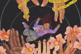 A hand-drawn illustration that shows two hands, wrapped with caution tape that says "ICE," reluctantly letting go of a young child. The child is falling in the center of the image, but a garden of hands are ready to soften their fall below.