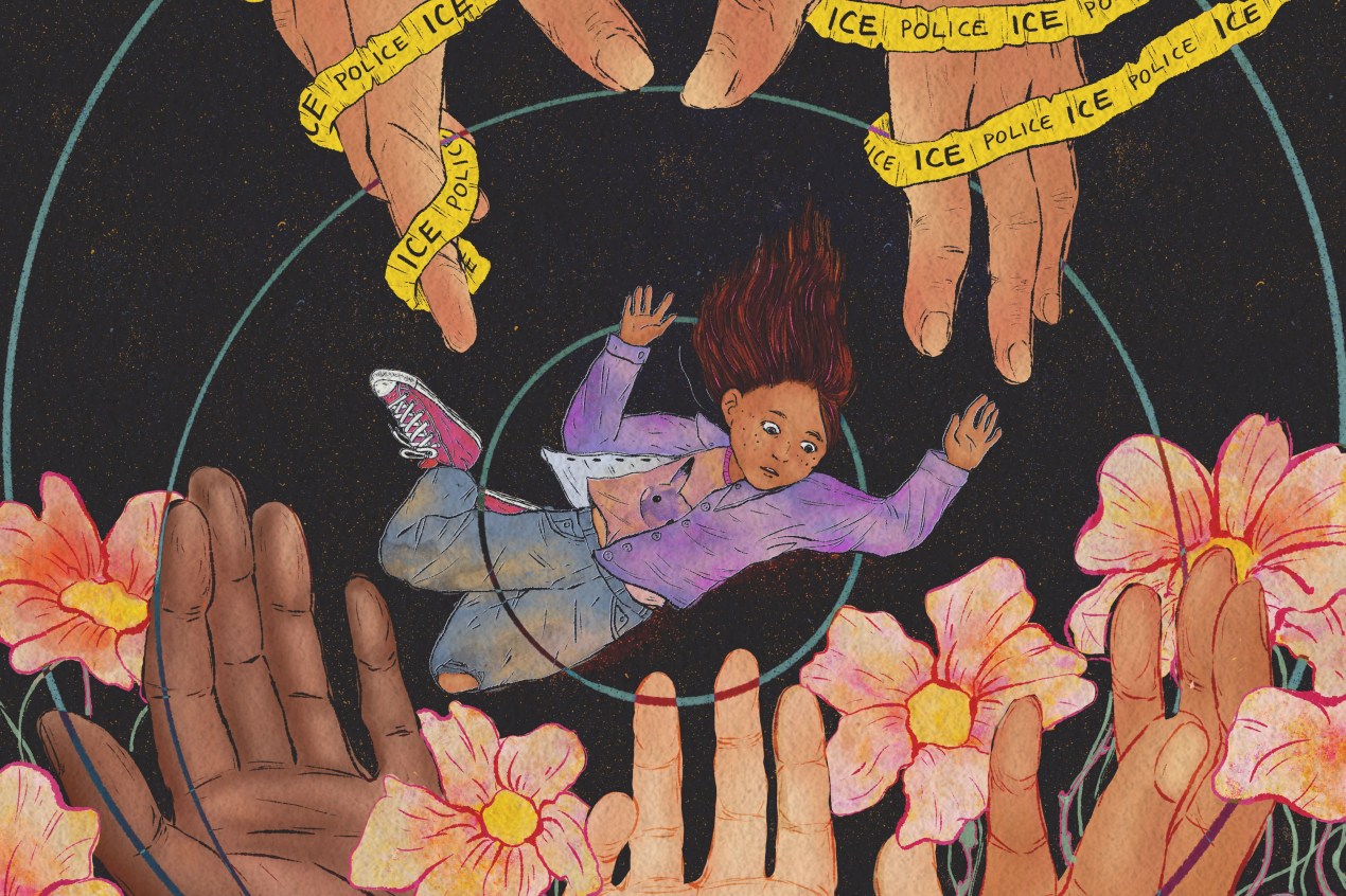 A hand-drawn illustration that shows two hands, wrapped with caution tape that says "ICE," reluctantly letting go of a young child. The child is falling in the center of the image, but a garden of hands are ready to soften their fall below.