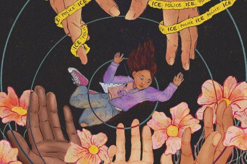 A hand-drawn illustration that shows two hands, wrapped with caution tape that says "ICE," reluctantly letting go of a young child. The child is falling in the center of the image, but a garden of hands are ready to soften their fall below.