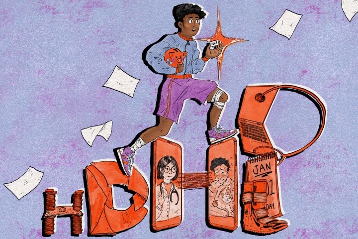A hand-drawn illustration of a young man wearing athletic gear running up stairs that spell out "HDHP" out of medical objects, letters, cell phones, and other items relevant to High-Deductible Health Plans.