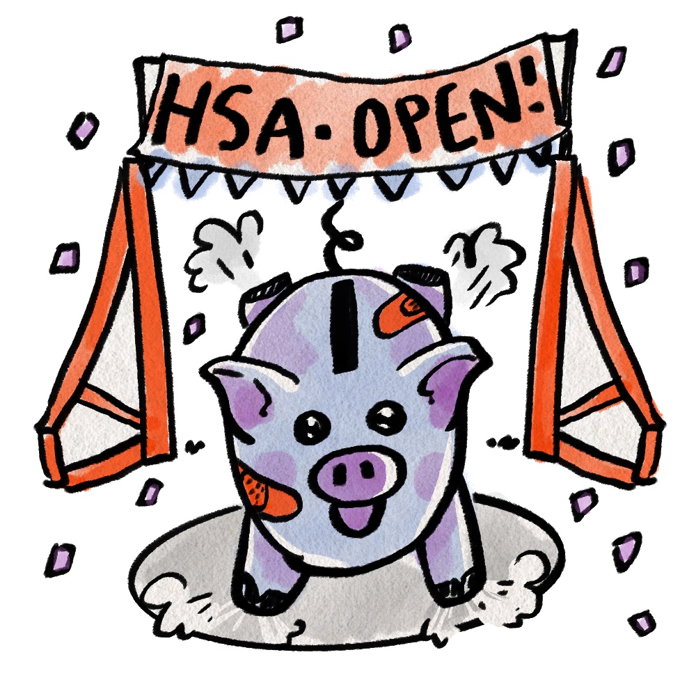 A cartoon drawing of a cute piggy bank rushing out of a pig pen.