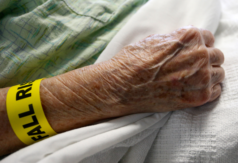 Thelma Atkins, 92, was admitted to the geriatric unit at the University of Alabama Hospital in Birmingham after a neighbor at her senior living facility ran over her feet with a motorized scooter. Hospital staff got her up and walking soon after her arrival. (Hal Yeager for KHN)