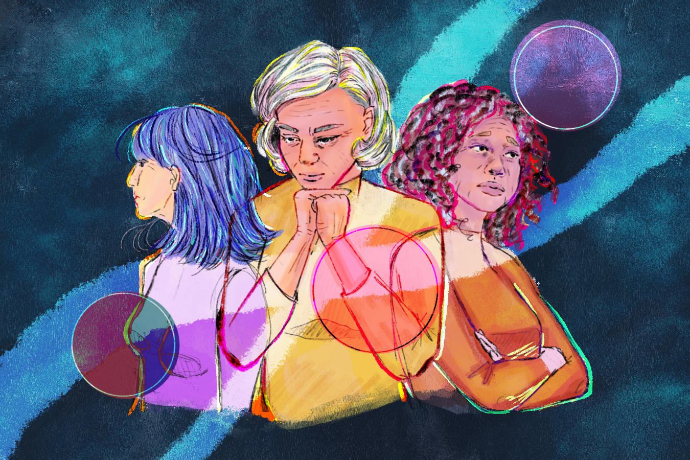 A colorful watercolor style digital illustration with a textured midnight-blue background. Three women are in the center of the image; on the left, a woman with straight hair in shades of periwinkle looks off to the distance in thought. She wears a magenta shirt. The woman in the center has short white hair with highlights of pink, yellow, and grey, and wears a bright yellow shirt. She is looking down with her chin on her hands in a contemplative expression. To her right, a woman with curly black hair with highlights of grey and pink looks off the page. Her arms are crossed in a thoughtful manner. She wears a vivid orange shirt. All of the women are middle to older aged. Three pink circles overlap each of the women, and a large pair of translucent lines in the shape of DNA overlay the image.