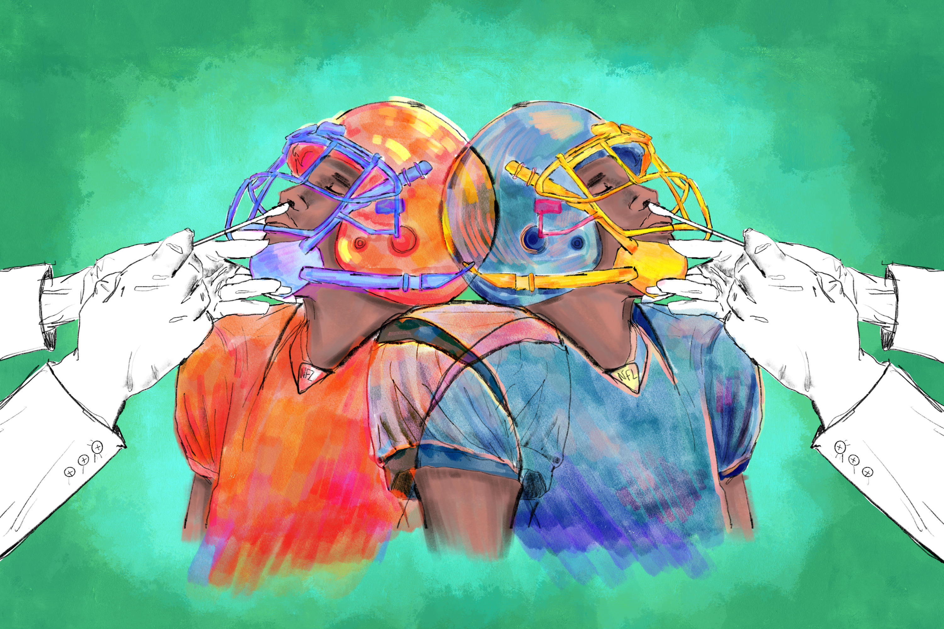 A digital illustration in watercolor and pencil. Two football players are in the center of the page, back to back, and visible from the waist up. The player on the right is painted in cool tones, while the player on the left is painted in warm tones. Each are having their noses swabbed for a covid test. The background is a lime green with visible watercolor brushstrokes.
