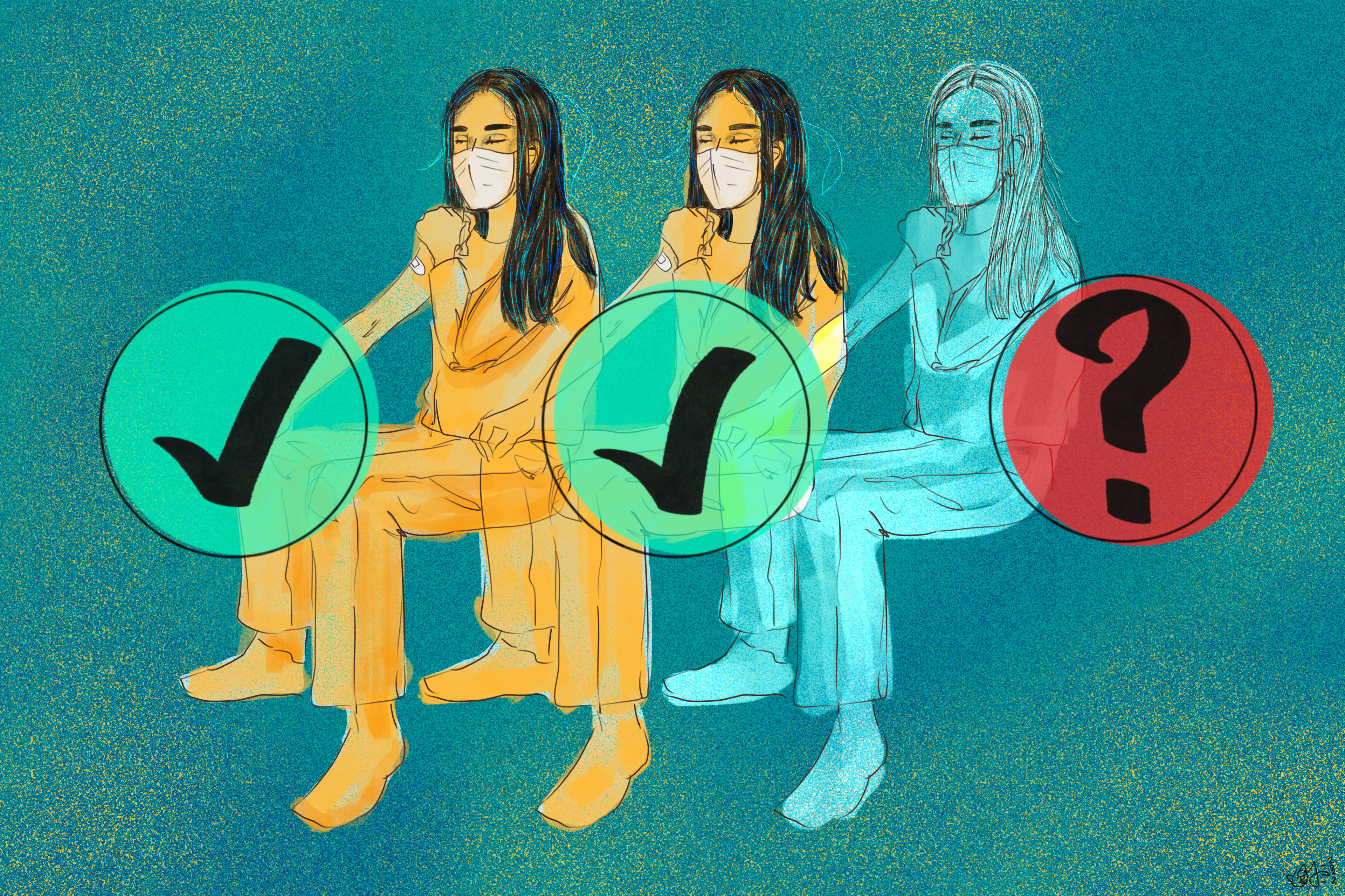 A digital illustration in watercolor and pencil. Three figures are seen with their sleeves rolled up for vaccination. The first two are colored yellow, while the third (right) fades into the background. Overlayed over them, from left to right, are two green check marks and one red question mark.