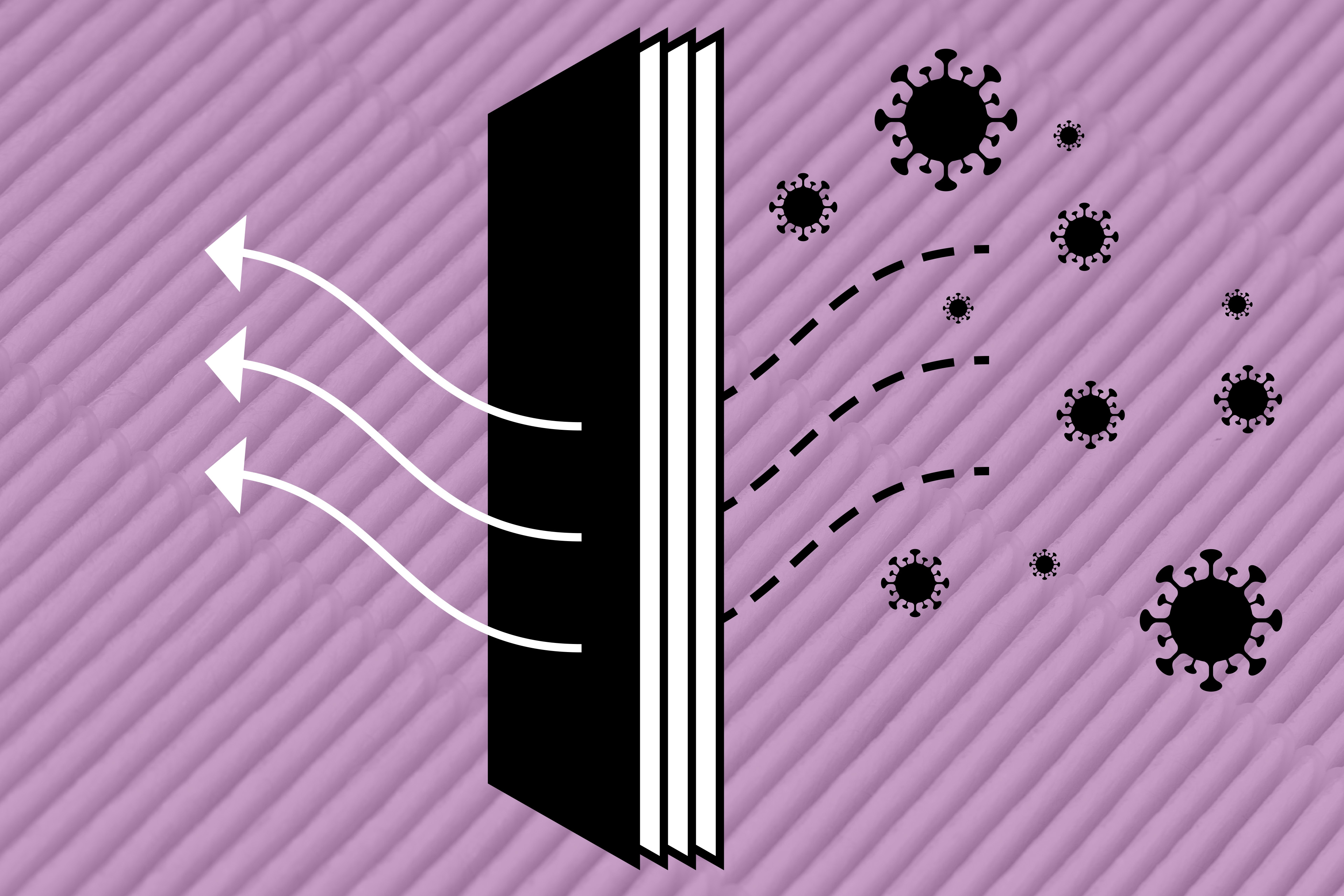 A digital illustration of a HEPA filter filtering covid-19 out of the air.