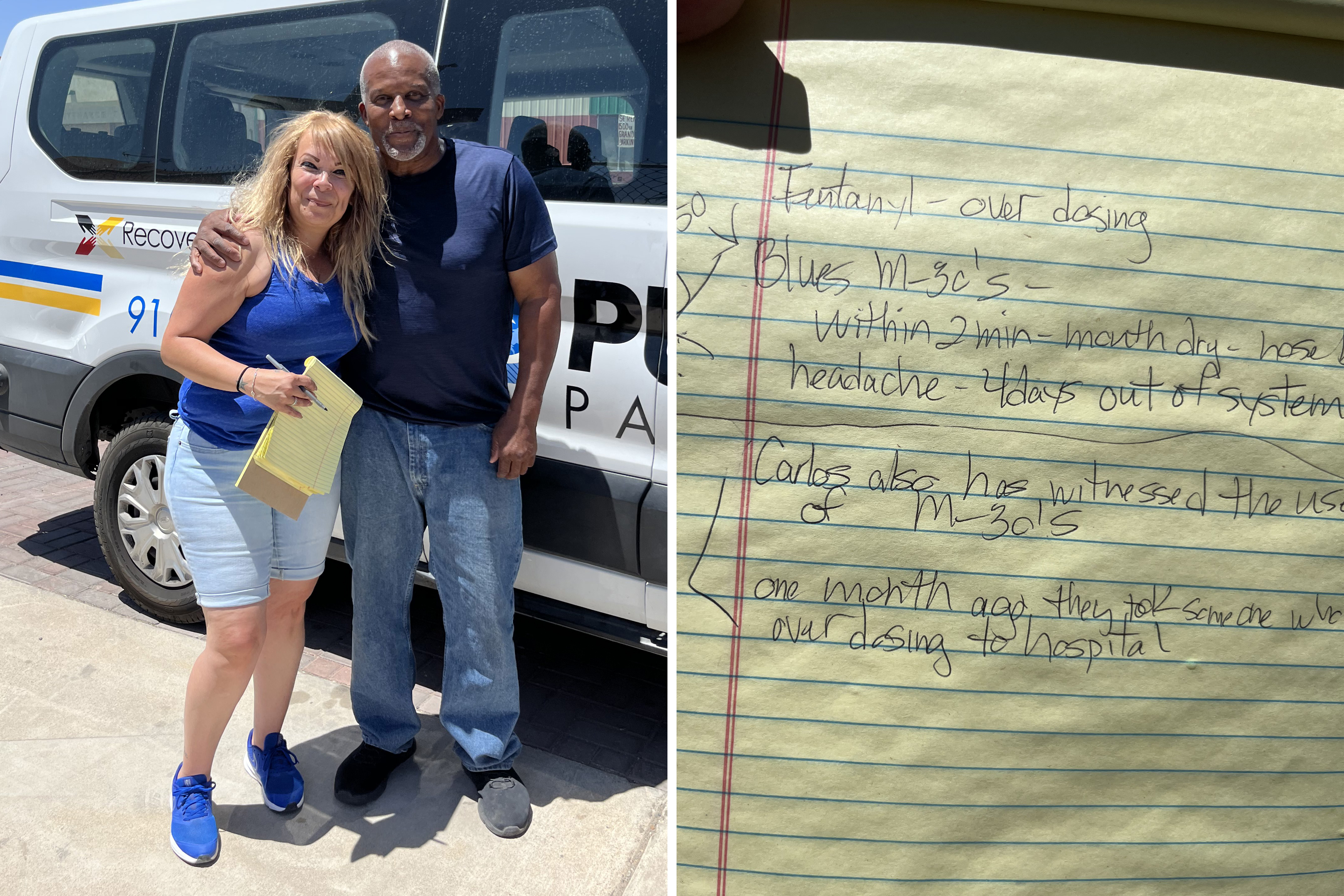 Two photos are shown side-by-side. On the left are Paulina Hijar and Gilbert Shepherd standing next to each other. On the right is a close up of a notepad with recorded overdoses.