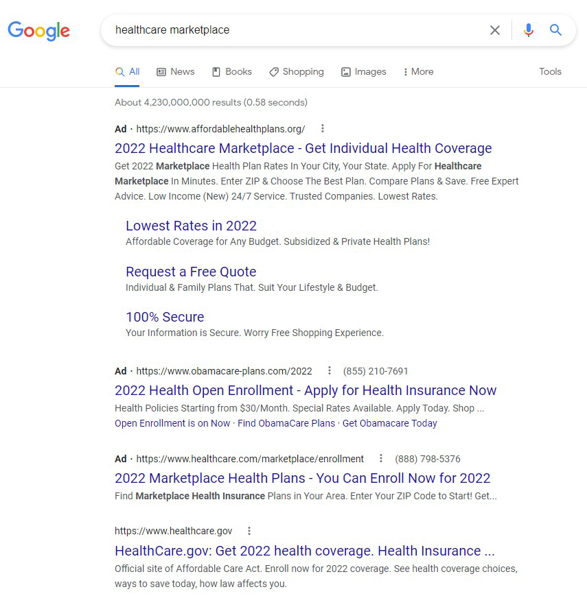 A screenshot of a Google search for "healthcare marketplace" shows three advertisement links before a listing for healthcare.gov, the federal government's health insurance marketplace.