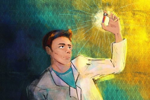 A digital illustration in watercolor and pencil. A Native American researcher, wearing a white lab coat, holds up a vial to light in order to examine it. Bright golds surround the vial, which gradually fades to shadow at the outer edges of the frame.