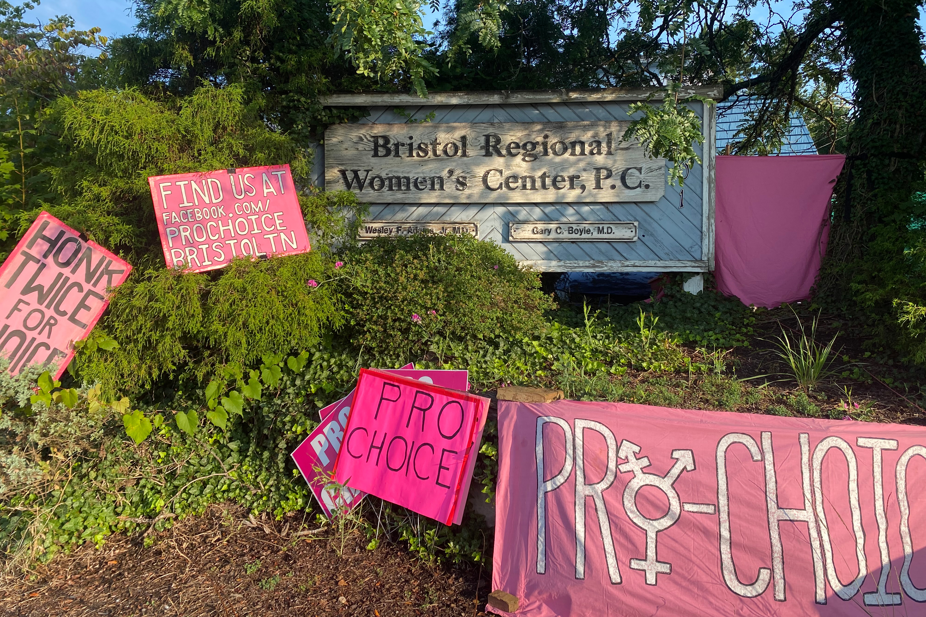 A photo shows the sign outside Bristol Regional Women's Center. It is surrounded by smaller pink signs with slogans like, "Pro-choice," and "honk twice for choice."