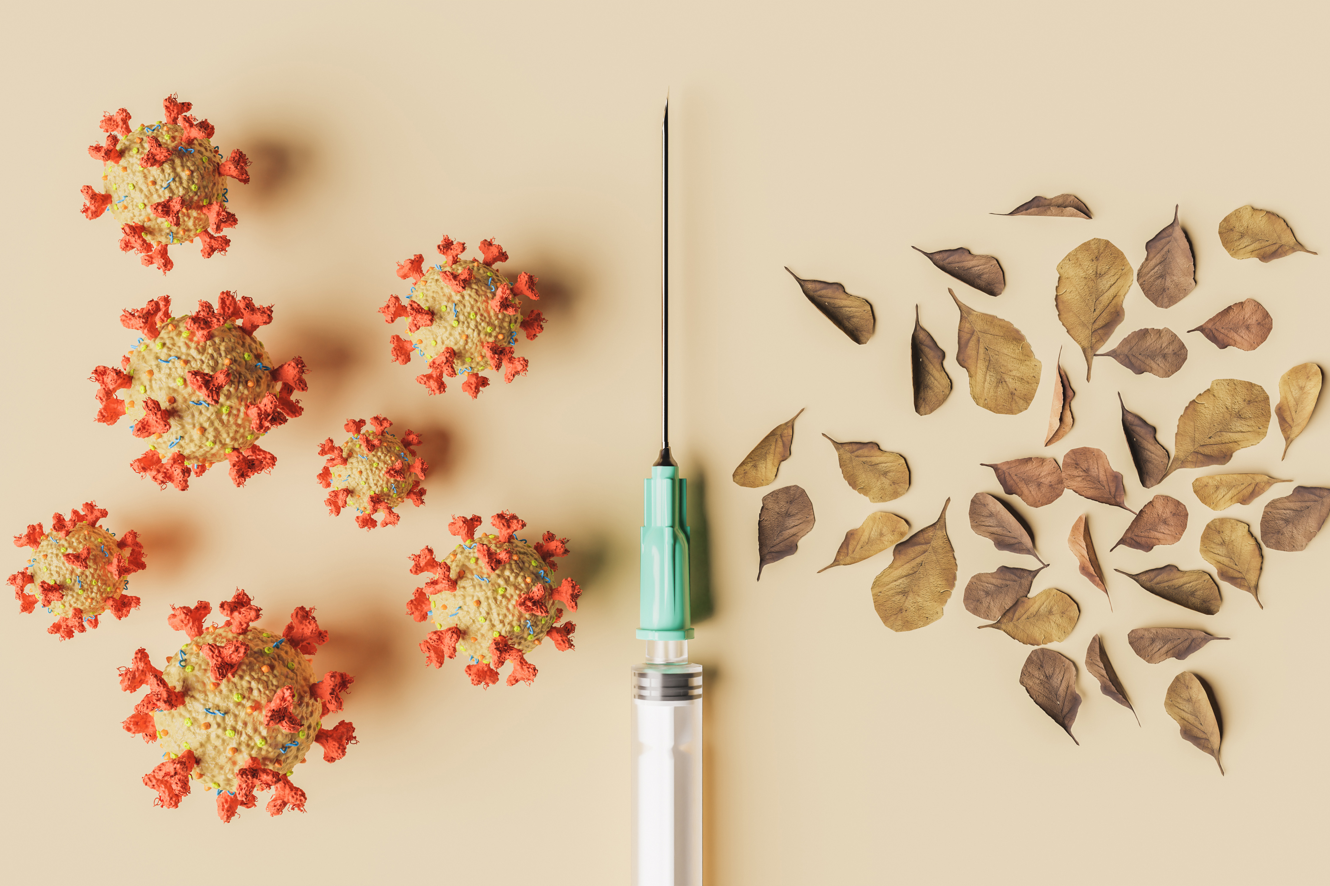 A syringe is in the center of the image, on a beige background. To the left are coronavirus cells and to the right are autumn leaves.