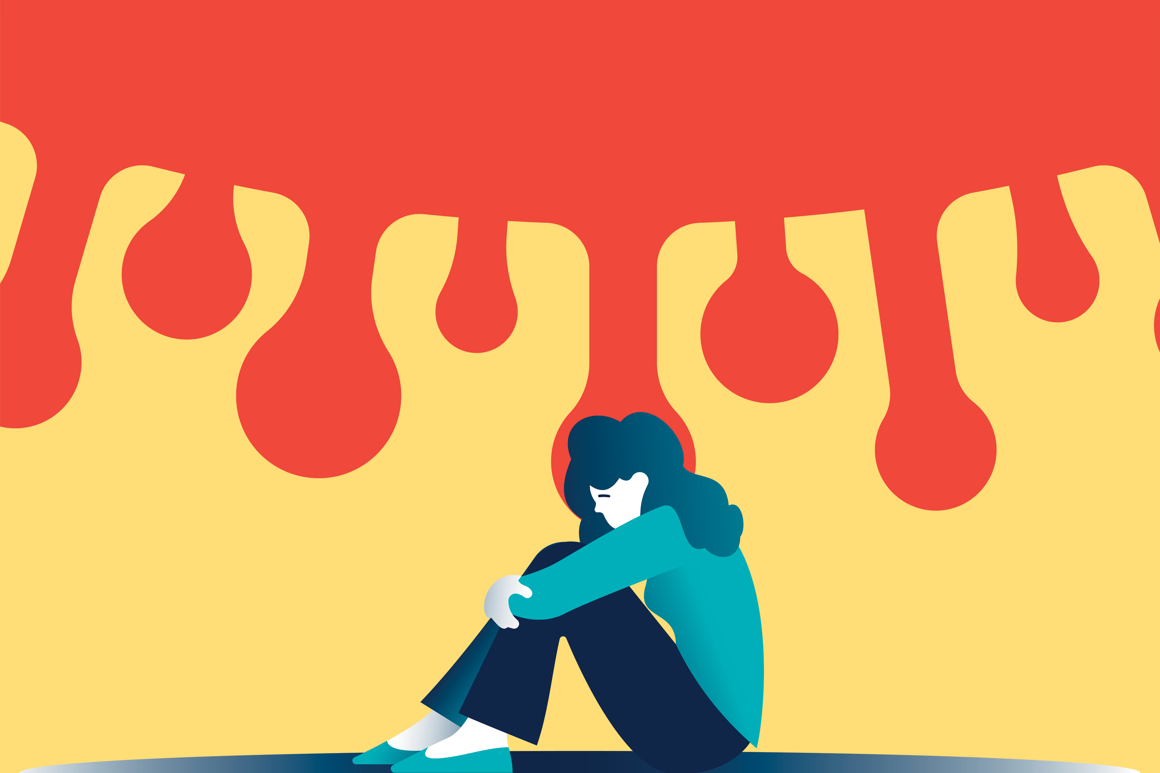 An illustration shows a woman sitting exhaustedly with a diagram of a virus looming over her head.