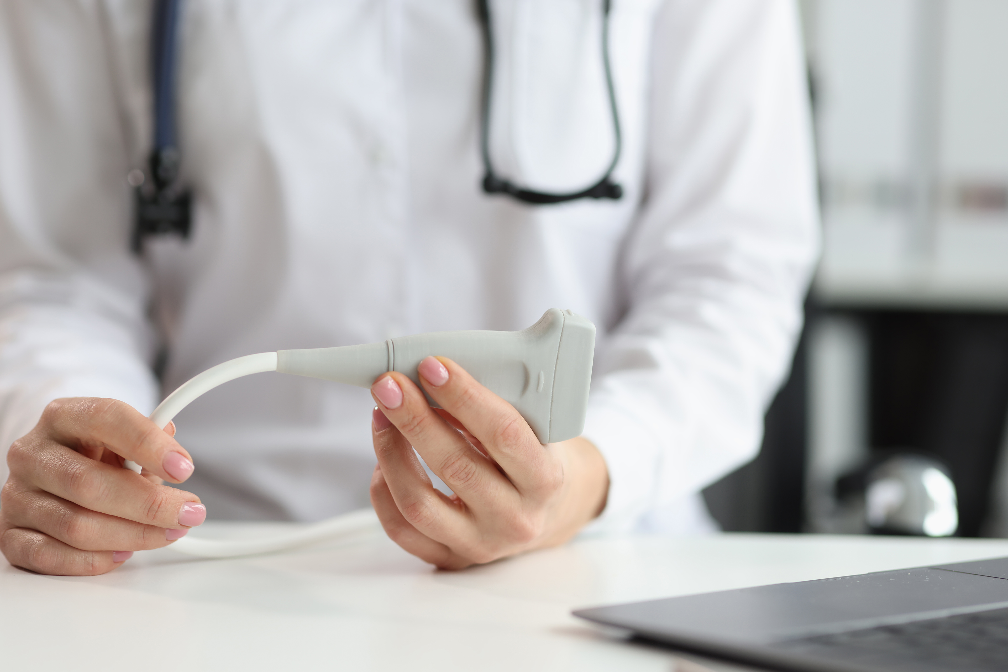 A doctor holds a linear ultrasonic diagnostic probe.