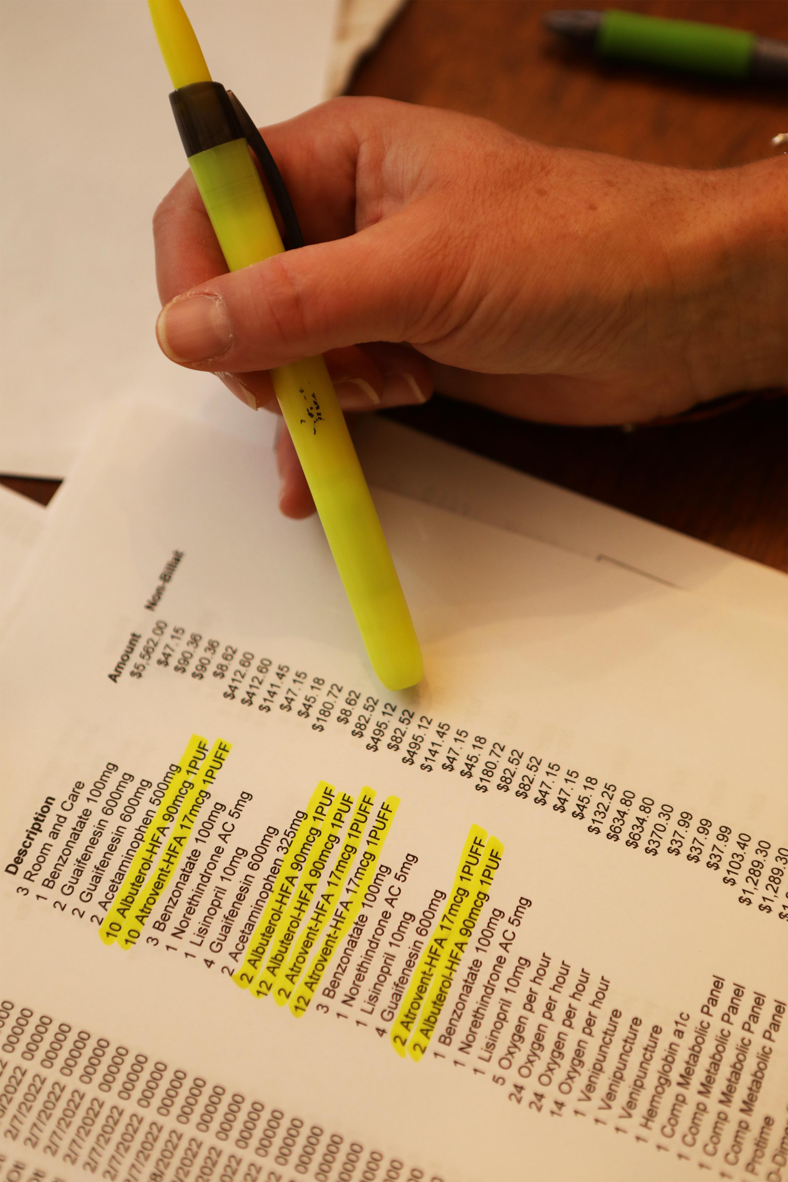 A photo shows Jennifer Smithfield highlighting sections of her medical bills.