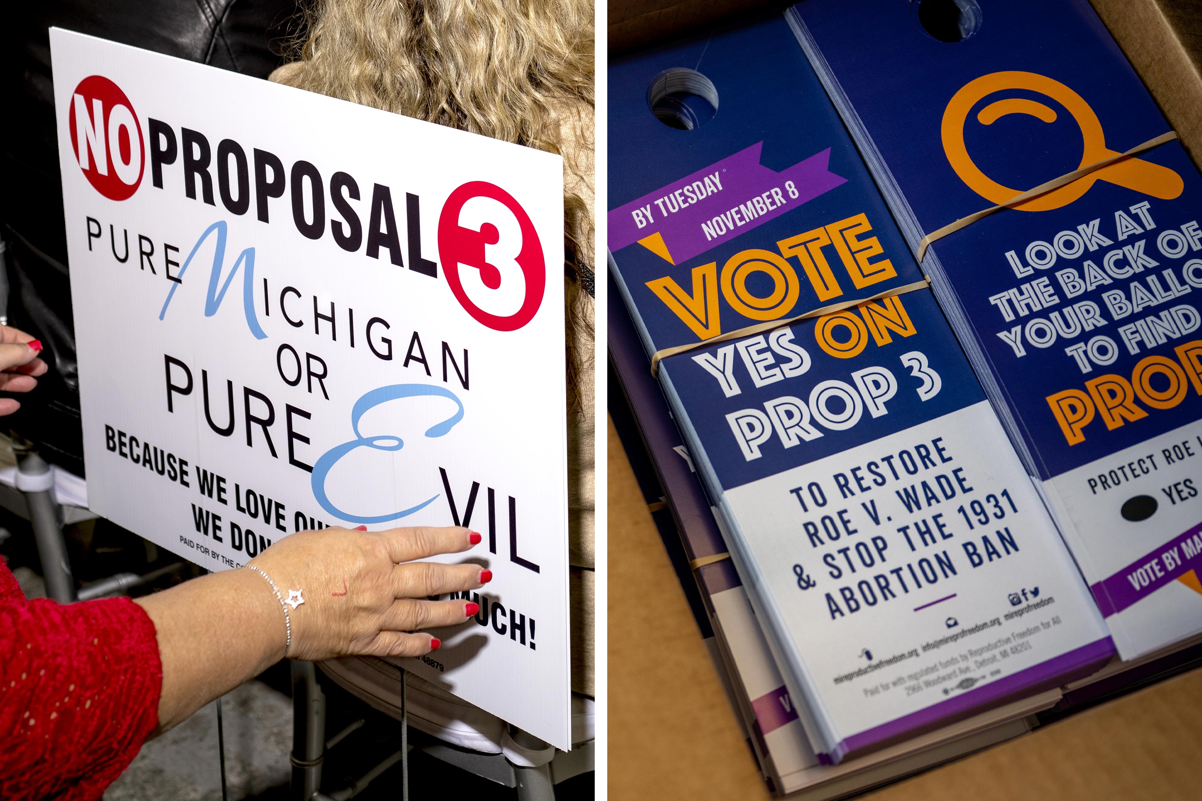 Two photos are shown side by side. The left is of a woman's hands holding a sign telling voters to vote "no" on Proposition 3, with text under that reads, "Pure Michigan or Pure Evil." The right is of a stack of door knob signs that read, "Vote yes on Prop 3 to restore Roe v. Wade & stop the 1931 abortion ban."
