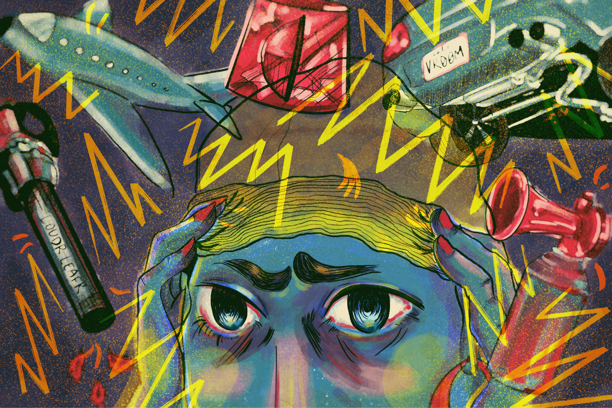 A digital illustration in pencil and watercolor. A person’s face is half visible, from the nose up, in the center of the image. They cover their ears with their hands, and show an anguished expression. All around them are noise-producing objects. From clockwise starting on the bottom left; a leaf blower, airplane, ambulance siren, car with loud muffler, and an air horn. Jagged lines are animated to look like uncomfortable sound waves coming from all directions.