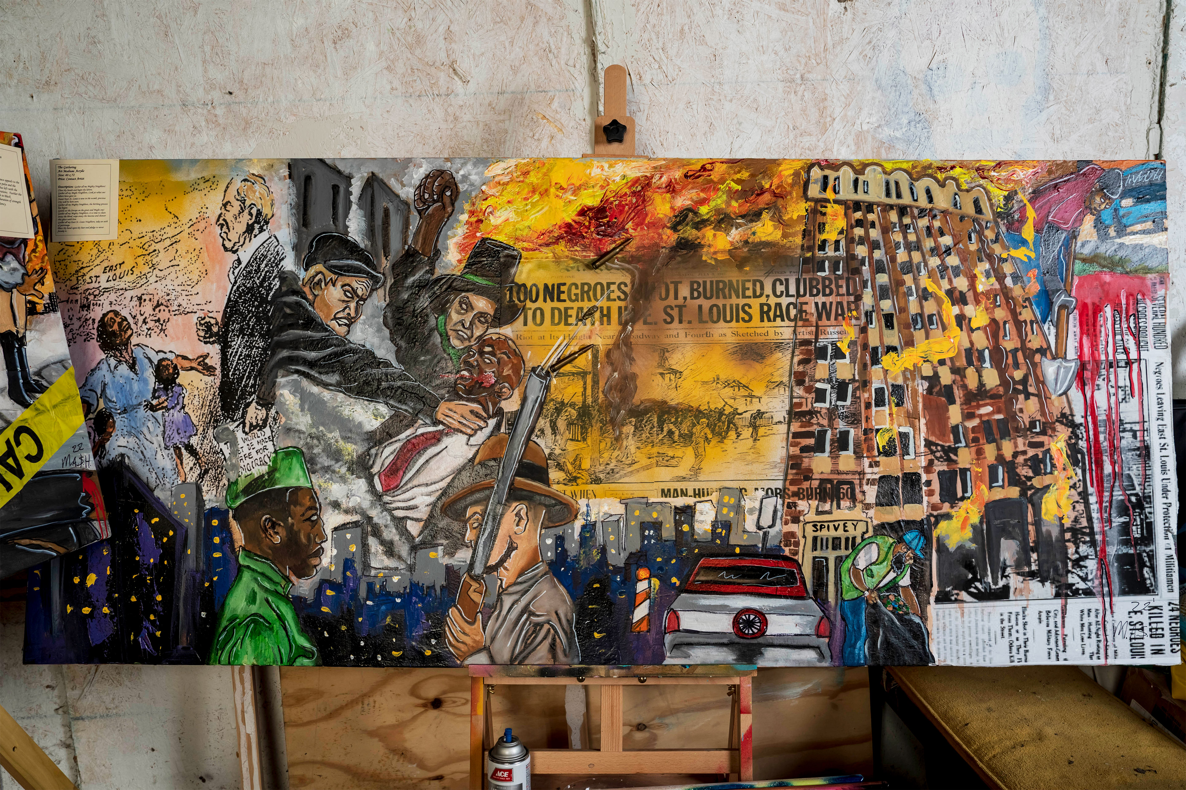 A painting depicts the East St. Louis race riot of 1917. Images show a white mob attacking Black men with newspaper clippings and bullet shells collaged into the canvas.