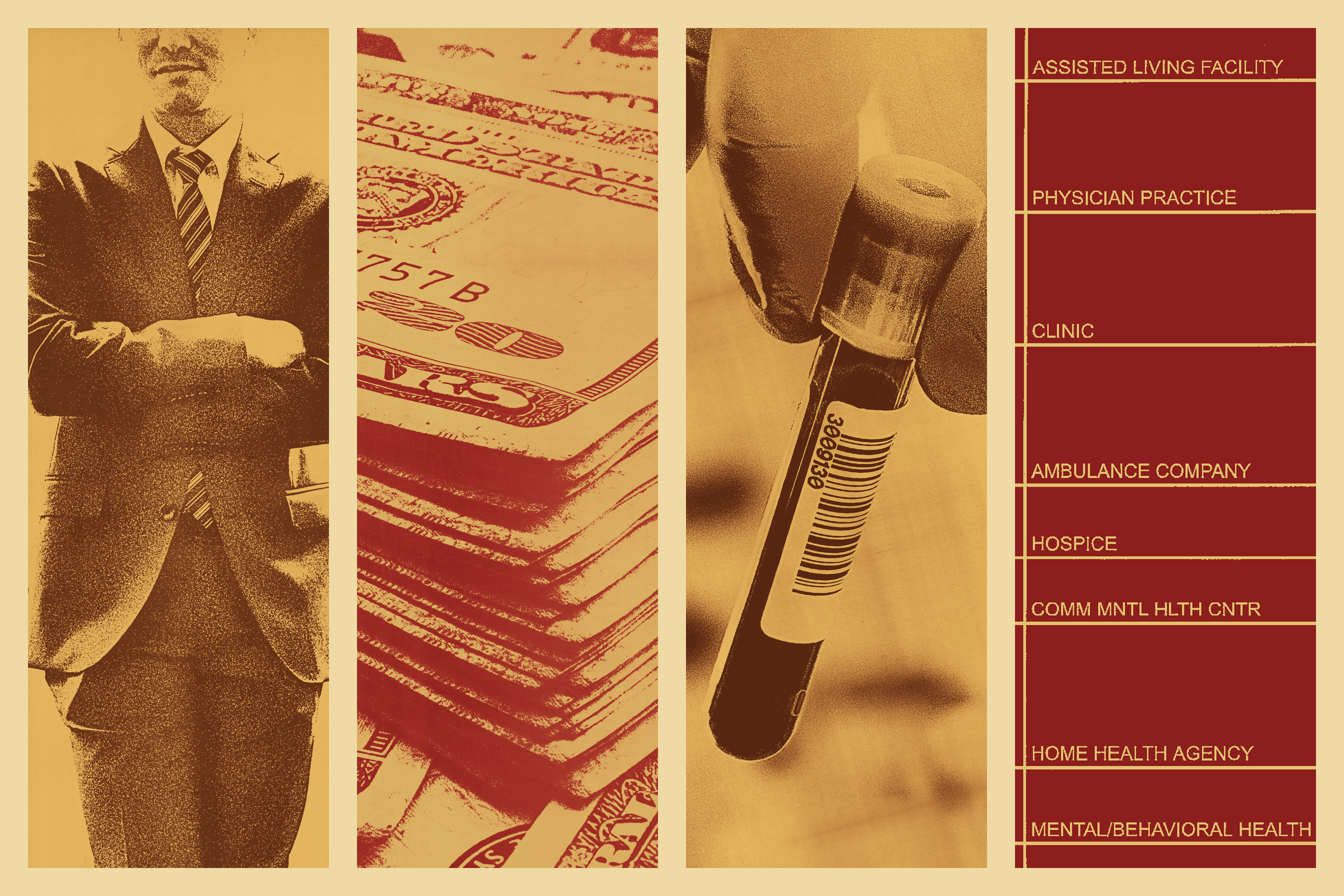 A photo illustration shows images of a business executive in a suit, a stack of money, a vial of blood from a lab test and a column from a spreadsheet with text showing various medical industries.