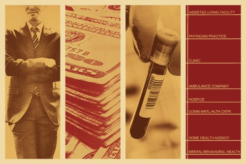 A photo illustration shows images of a business executive in a suit, a stack of money, a vial of blood from a lab test and a column from a spreadsheet with text showing various medical industries.