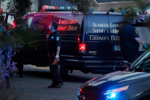 A photo shows officials standing outside by a van marked "Alameda County Sheriff's Office, Coroner's Bureau."