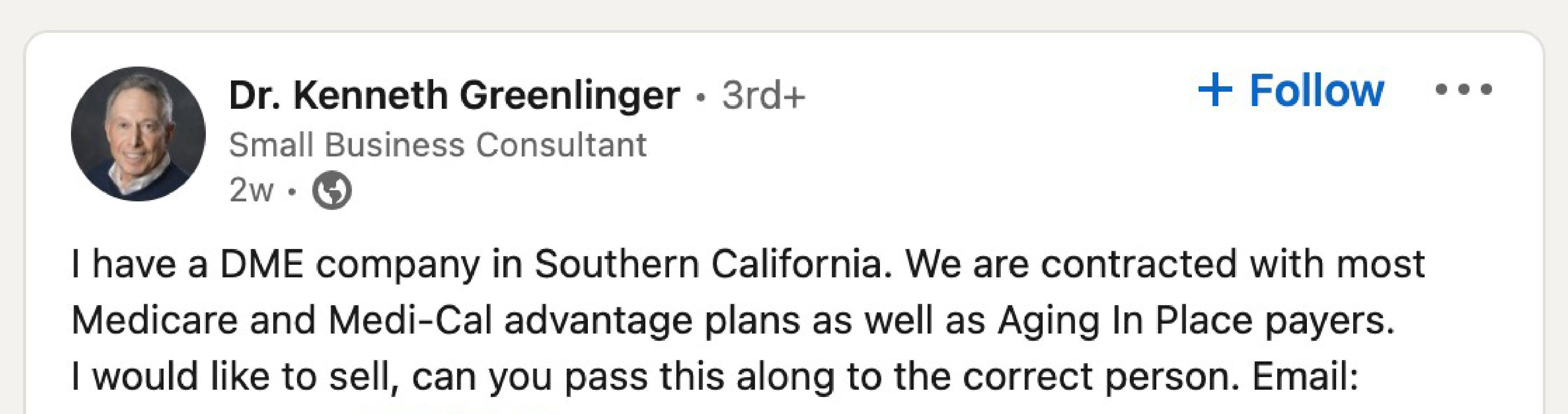 A screenshot shows a LinkedIn page from Dr. Kenneth Greenlinger.