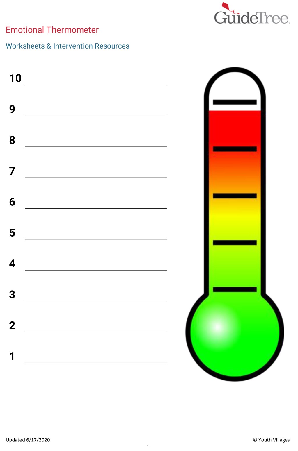 One of the worksheets used by Youth Villages counselors when working with patients. It shows an image of a thermometer on the right, which is green at the bottom and gradually turns to yellow, orange, and red at the very top. There are blank spaces, numbered 10-1, beside it for the patient to write notes.