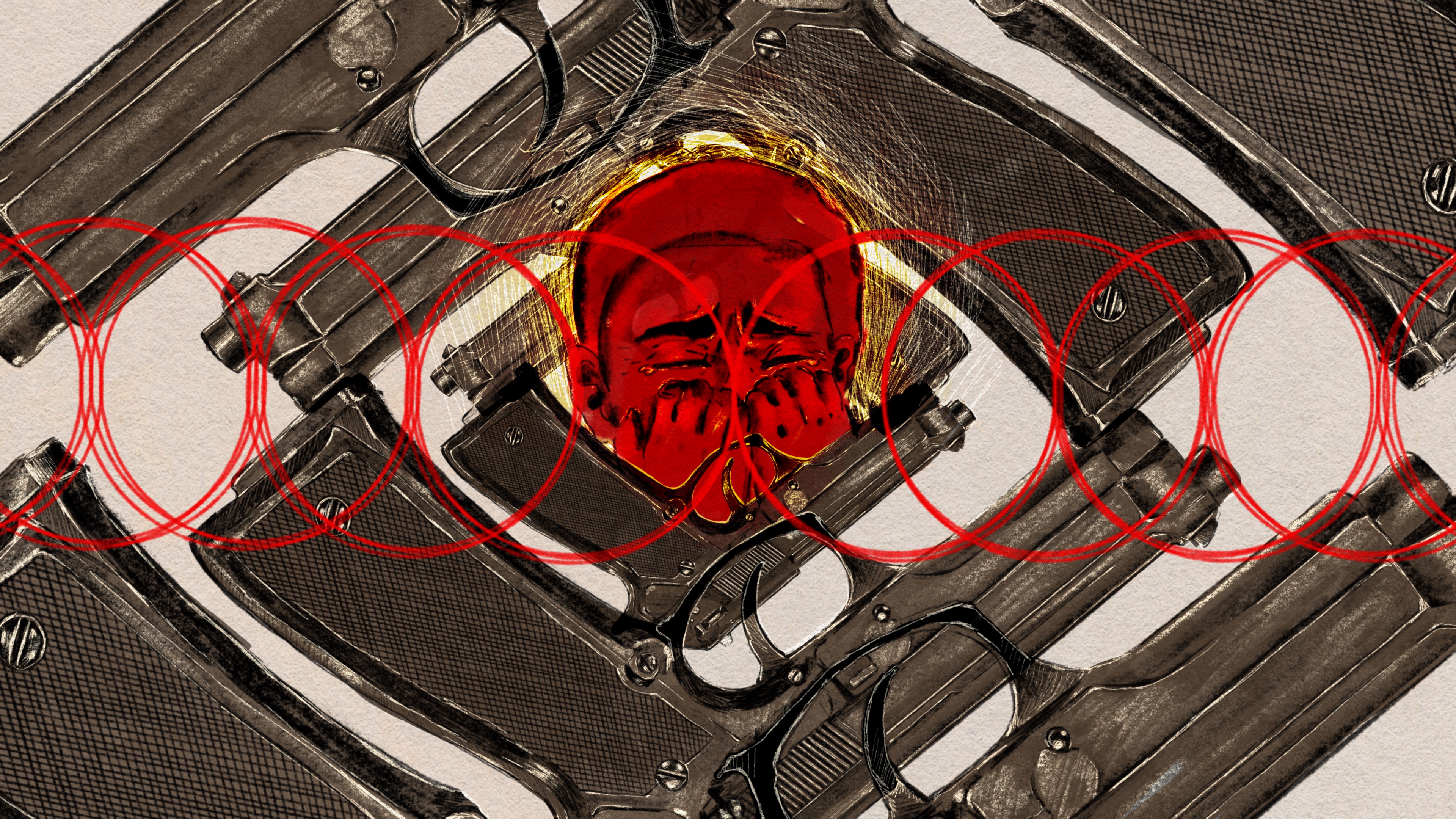 A digital illustration, in pencil and watercolor, about the mental health effects on youth who experience gun violence. A repeating pattern made out of handguns close in on a young boy, who is at the center of the drawing. He covers his face with his hand s, an anguished expression visible on his face. A line of thin red circles are layered across the horizontal center, symbolizing cycles of trauma.