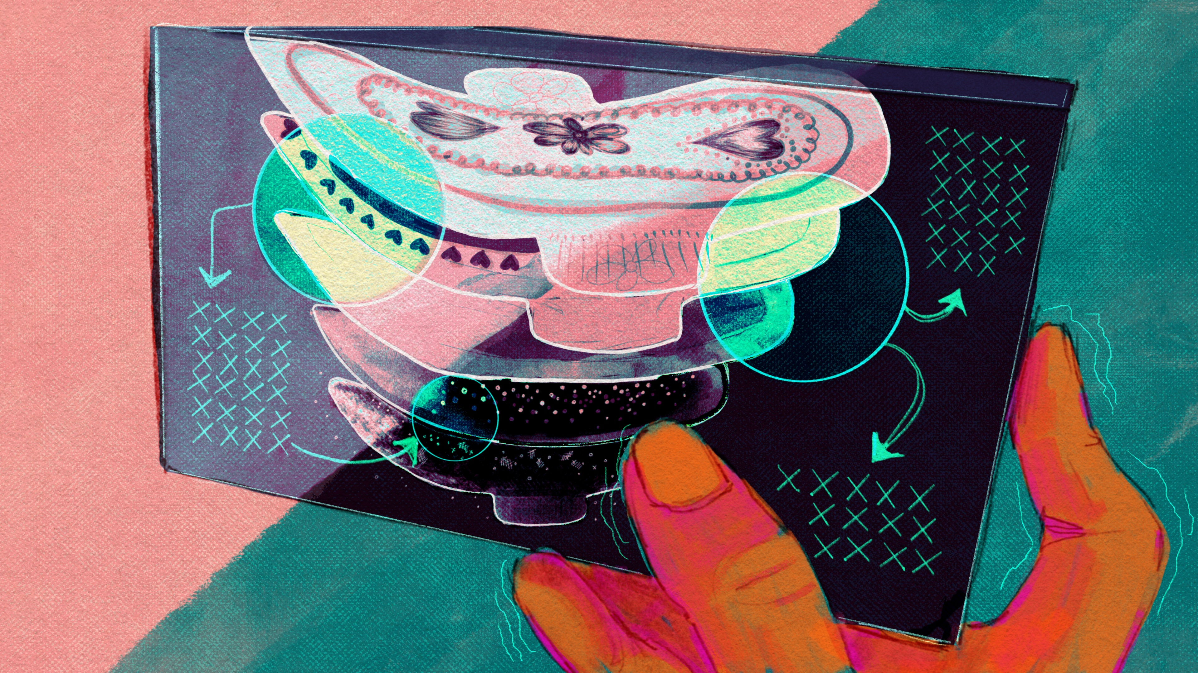 A digital illustration in watercolor and pencil shows a hand holding a box of sanitary pads that are used for menstruation. On the cover of the box, a diagram shows different layers of material that make up the pad. The list of ingredients, however, remains a mystery and reads only as a confusing series of the letter “X.”