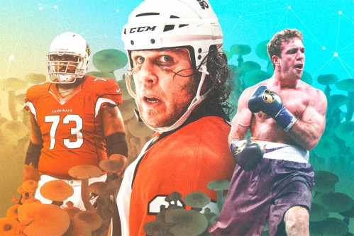 A photo illustration of athletes Justin Renfrow, Riley Cote, and Mike Lee surrounded by psychedelic mushrooms.