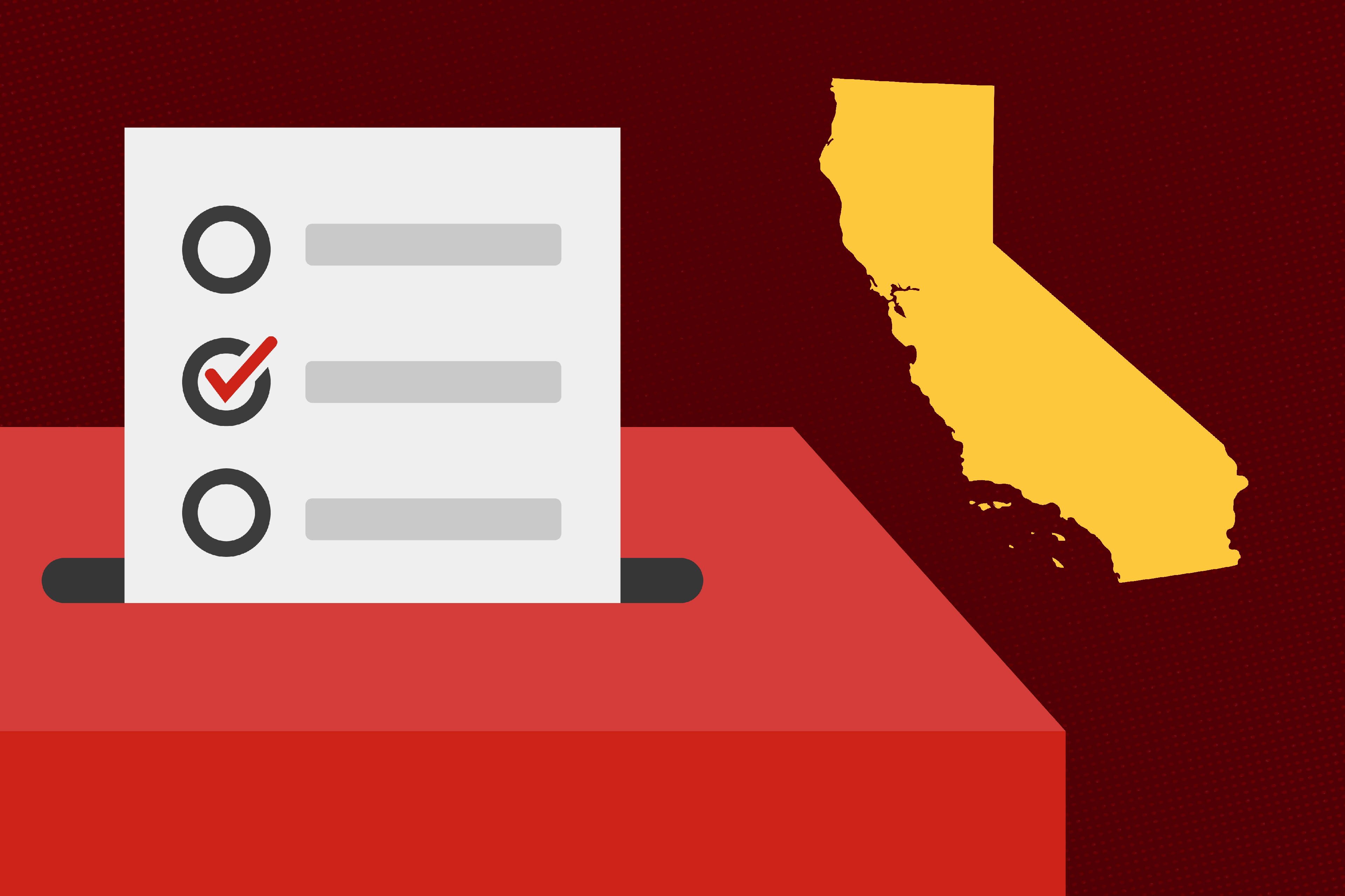 A photo illustration of a ballot in a ballot box next to an image of the state of California.