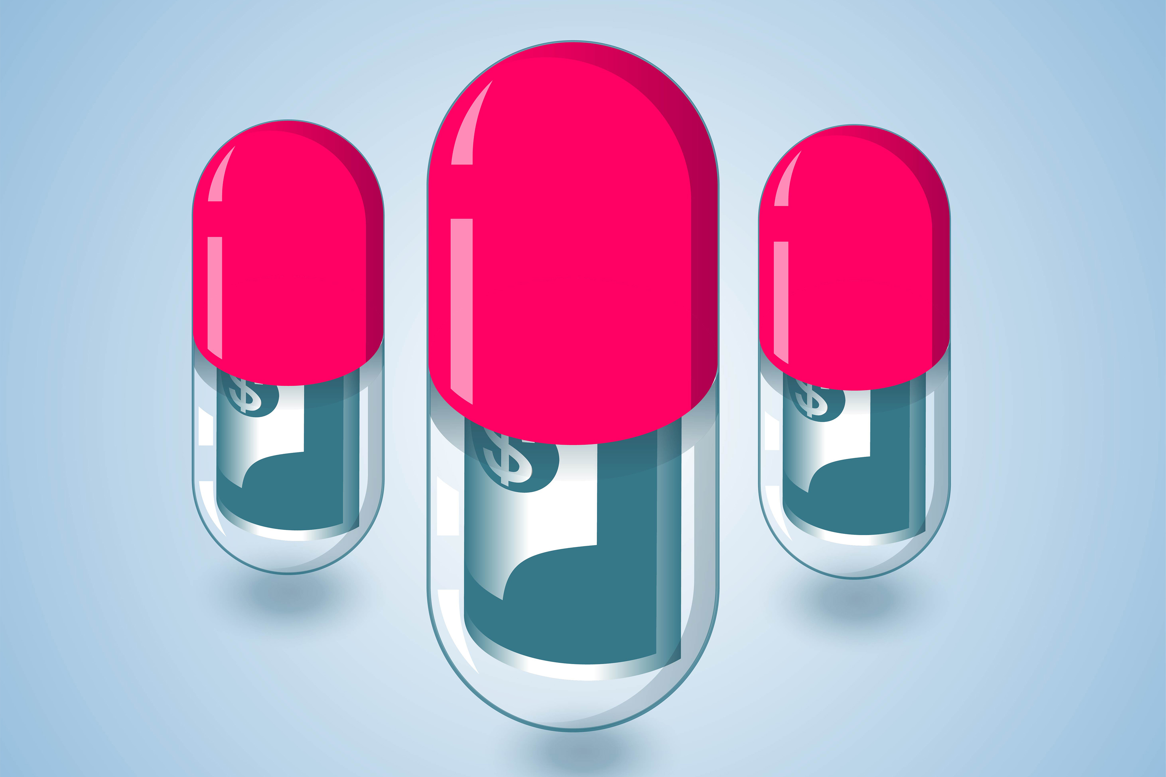 An illustration of three pill capsules filled with dollar bills.