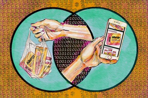 A digital illustration in bright copic marker and pencil shows a repetitive dollar-sign motif with two solid circles overlapping in the center of the image. Where they overlap, there is a binary-code pattern of zeroes and 1s, which represents information shared digitally. Two hands reach out of the digital space. The hand on the left holds a bag of over-the-counter products. The hand on the right holds a smartphone with an app open, showing sponsored advertisements for the same products in the bag to the left.