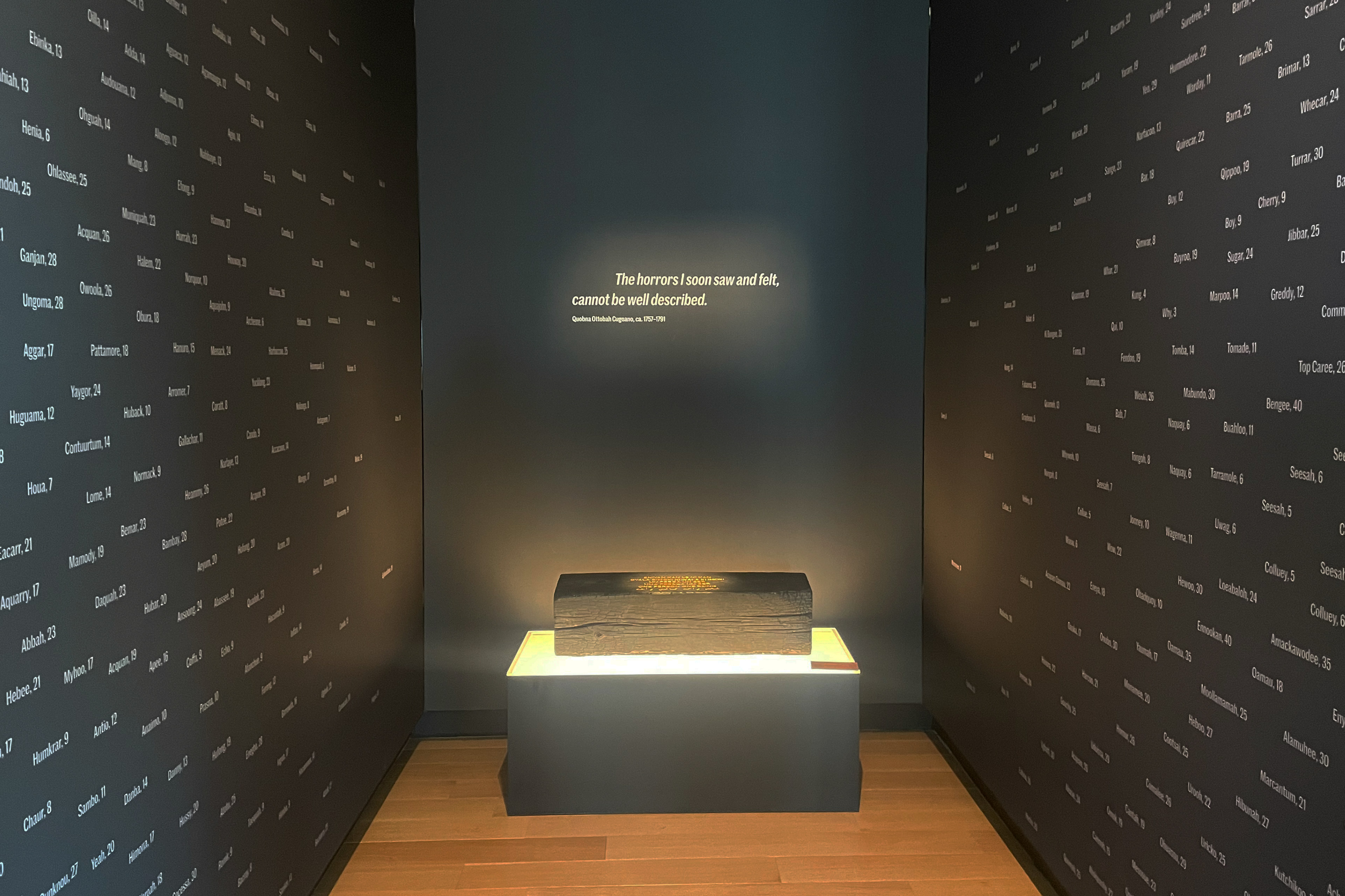 A photo of an exhibit with a quote on a wall that reads, "The horrors I soon saw and felt cannot be well described." On the walls surrounding the quote are the names and ages of enslaved people.