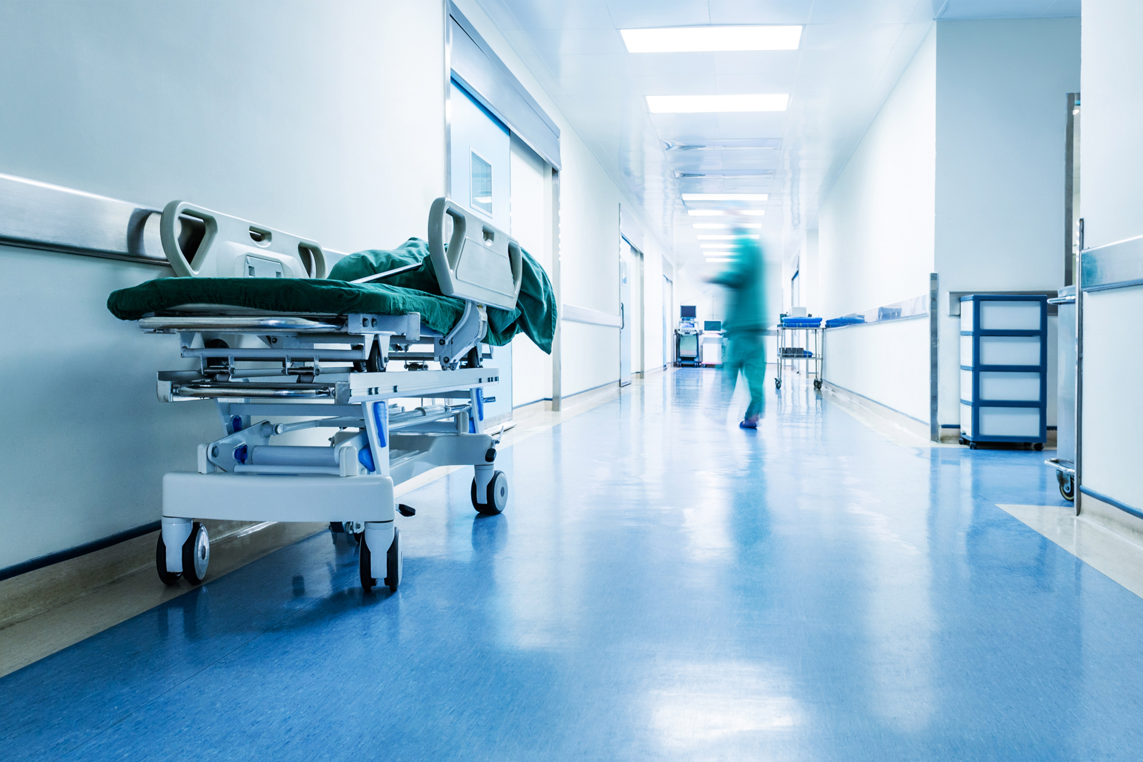 A photo of a hospital hallway.