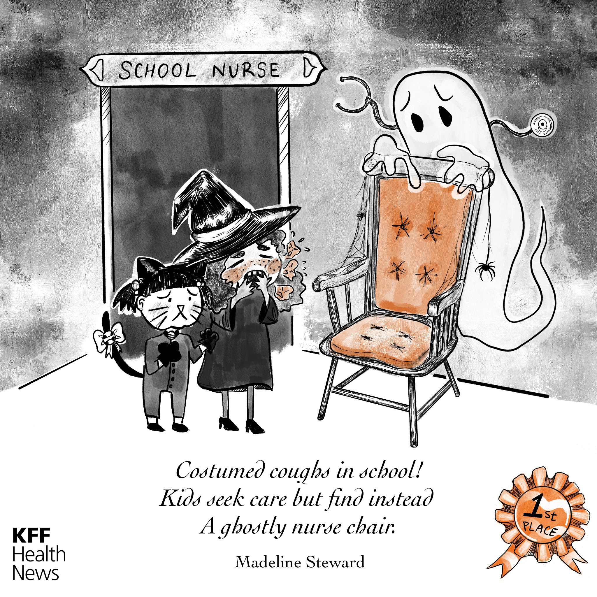 A black and white cartoon ink drawing shows two young children standing in an abandoned school nurse's office. One child is dressed up as a witch. She is sick and coughing. The other girl is dressed up as her cat, and holds onto her friend with concerned expression. They face an empty chair. A ghost nurse floats behind it, unable to help them. Below the drawing, a haiku reads: "Costumed coughs in school! / Kids seek care but find instead / A ghostly nurse chair."