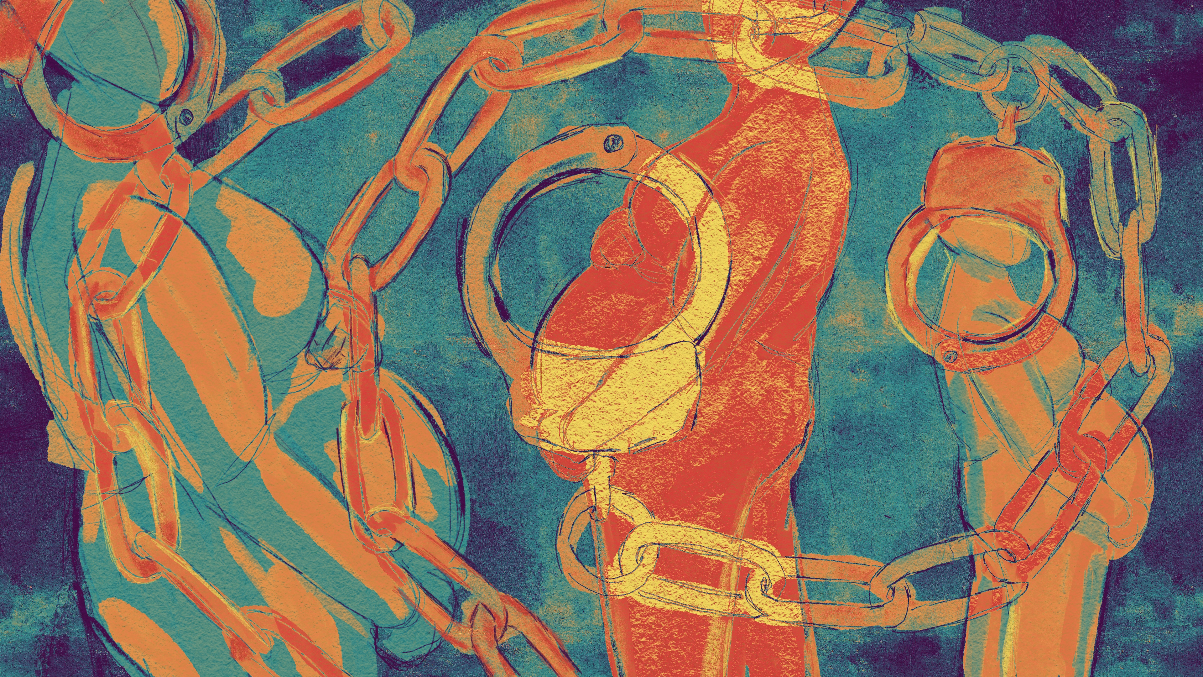 A digital illustration in colorful gouache shows a small crowd of abstract pregnant figures. A large pencil drawing of handcuffs on a chain is overlaid on the canvas in the shape of a spiral. It obscures the faces of the people.