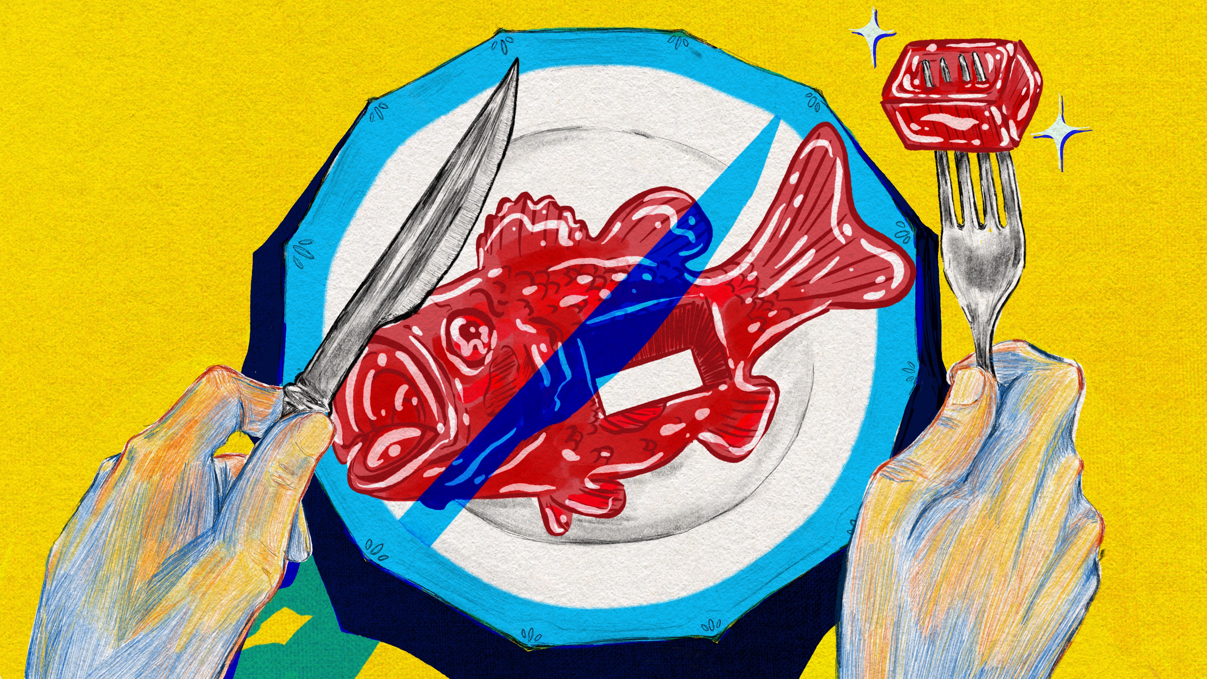 A digital illustration of a glossy-red plastic fish on a white dinner plate on a vivid yellow tablecloth. A hand on the left side of the fish holds a knife, which casts a blue shadow that, together with the border of the plate, makes the shape of a circle with a diagonal line across it. The hand on the right side holds a fork with a rubbery, glistening cube from the plastic fish speared on it.